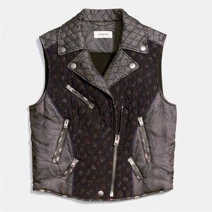 NWT Coach Silk Chiffon Quilted Biker Vest in Black Multi